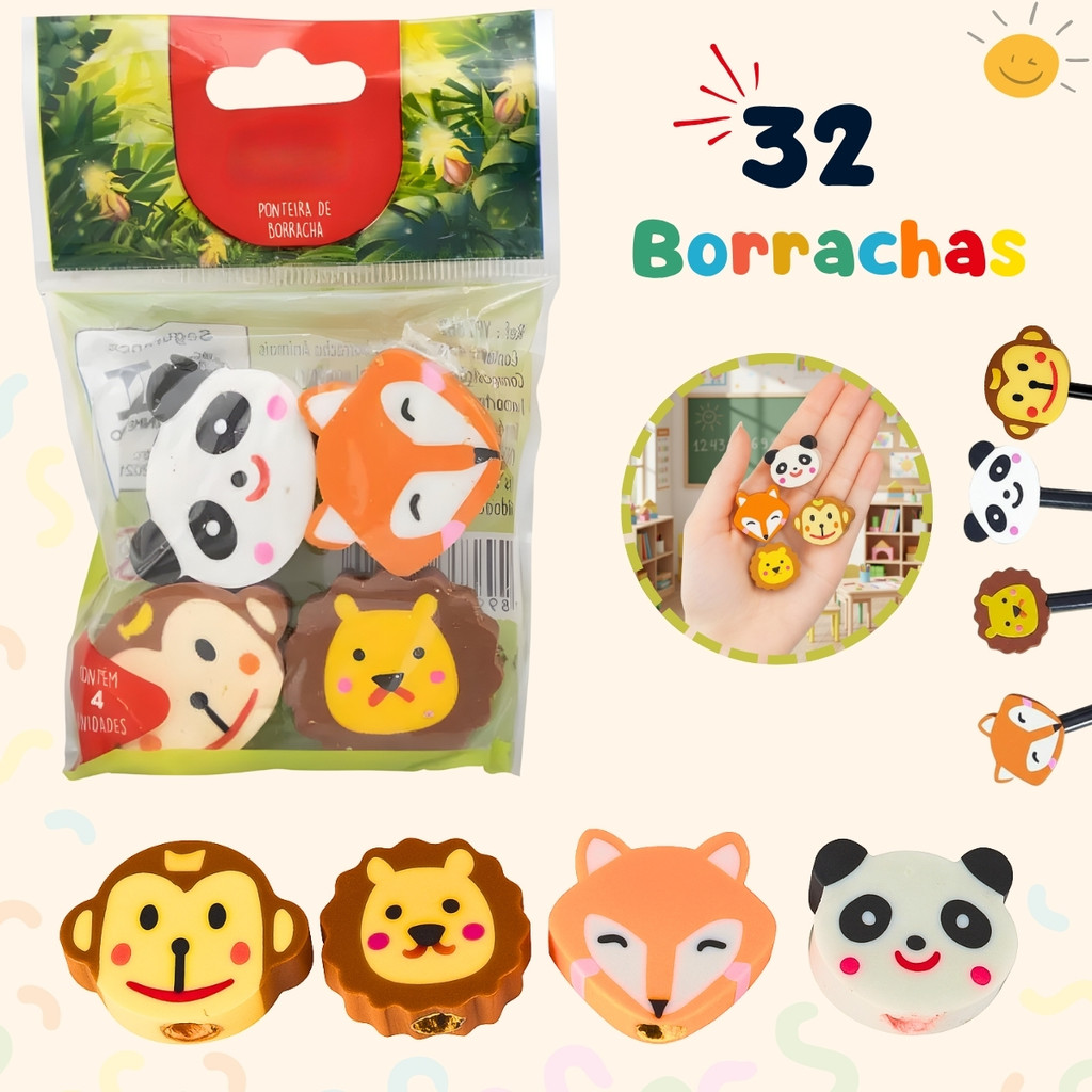 Kit 32 Borrachas Escolar Bichinhos Ponteira de Lápis Animais – Apaga Sem Borrar e Decora Lápis