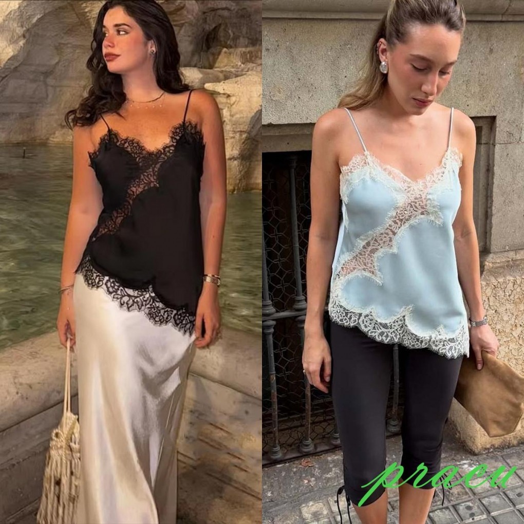 Mulheres Verão Renda Guarnição Cetim Camisolas Com Decote Em V Cinta Espaguete Sem Costas Assimétrico Topos em Oferta na Shopee