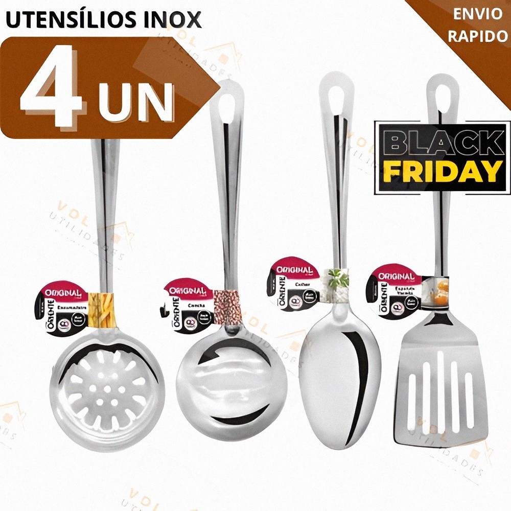 Utilidades Cozinha INOX Kit 4 Pçs Colher Arroz Concha Escumadeira Espátula Louça Servir Restaurante
