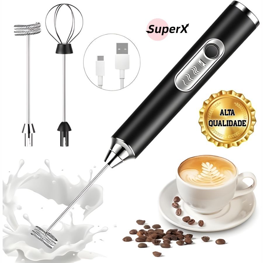 Misturador de Mão Recarregável em Aço Inox 3 Velocidades Potente Fácil de Limpar Ideal para Ovos Leite e Bebidas