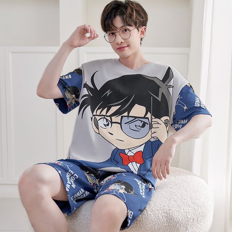 Pijamas masculinos verão de manga curta verão fino dos desenhos animados estudante juventude solto tamanho grande Casual