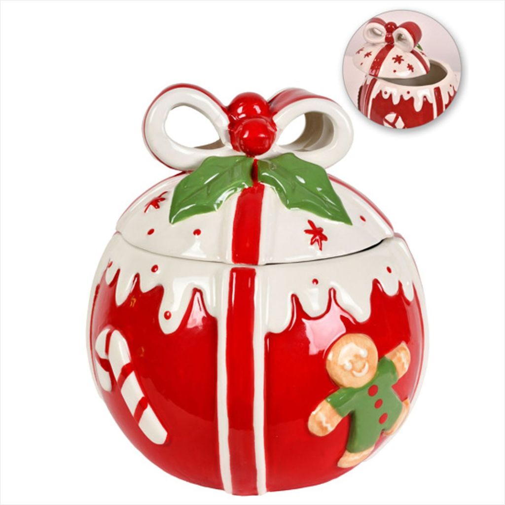 Pote Bomboniere Ginger Bread Com Tampa Laço Natal Louça 18cm