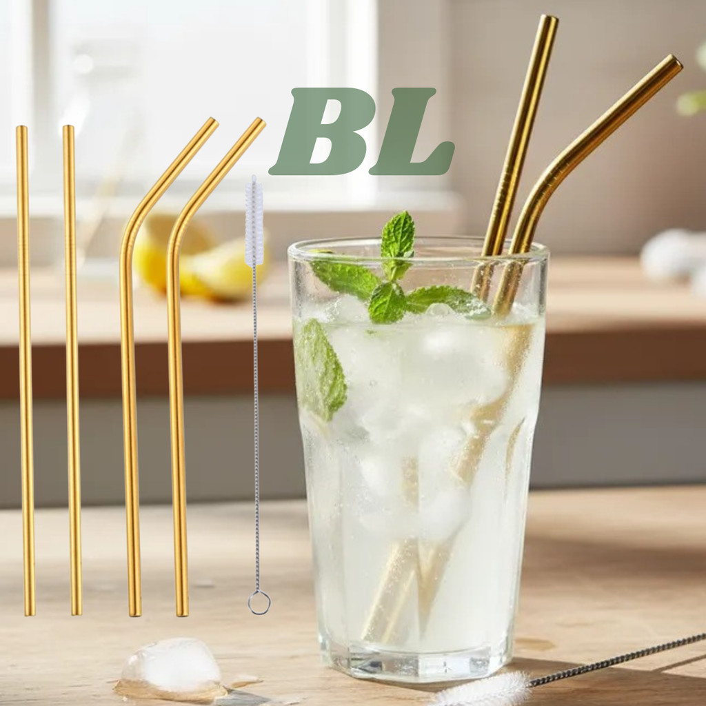 4 Canudos de Inox 21,5cm Dourado Reutilizáveis + Escovinha de Limpeza