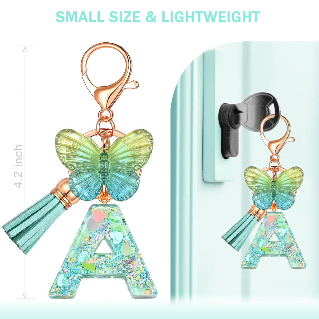 Novo estilo resina carta chaveiro luz verde inglês lantejoulas epóxi borboleta jóias cristal chaveiro borla pingente