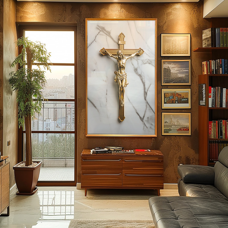 Quadro Decorativo 112x82cm  Cruz de Cristo no Mármore Hall da Luxo Sala Quarto Casa Decoração De Parede Mdf Adesivo