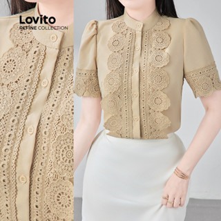 (Lovito Refine) Blusa Elegante com Babado No Pescoço Botão Frontal Primavera/verão Blusa cáqui LR23E545 em Oferta na Shopee
