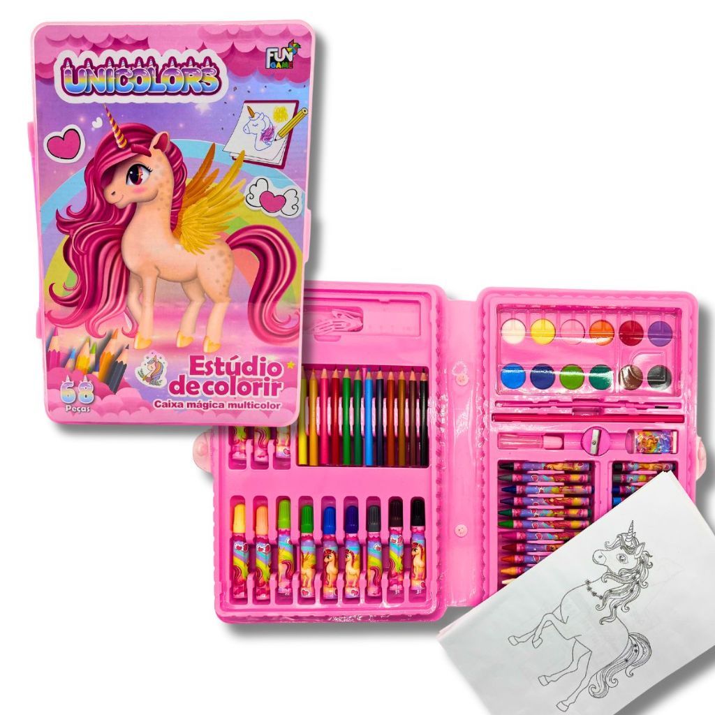 Maleta de Pintura Infantil 68 Peças Kit Estojo Escolar Lápis Canetinha Giz Cera Unicórnio Menina