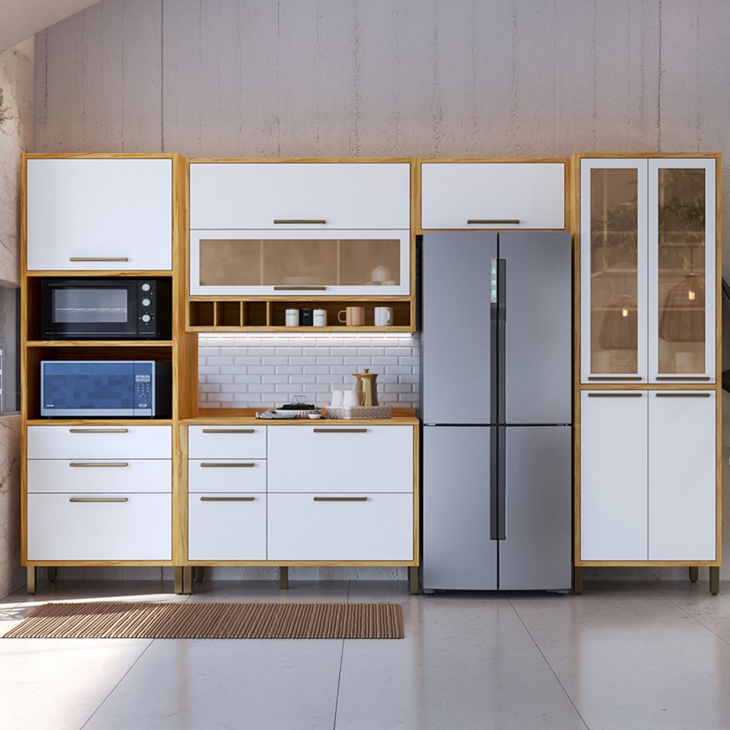 Armário de Cozinha com Balcão e Tampo 11 Portas 5 Gavetas Pérola 100% MDF Vidro Reflecta