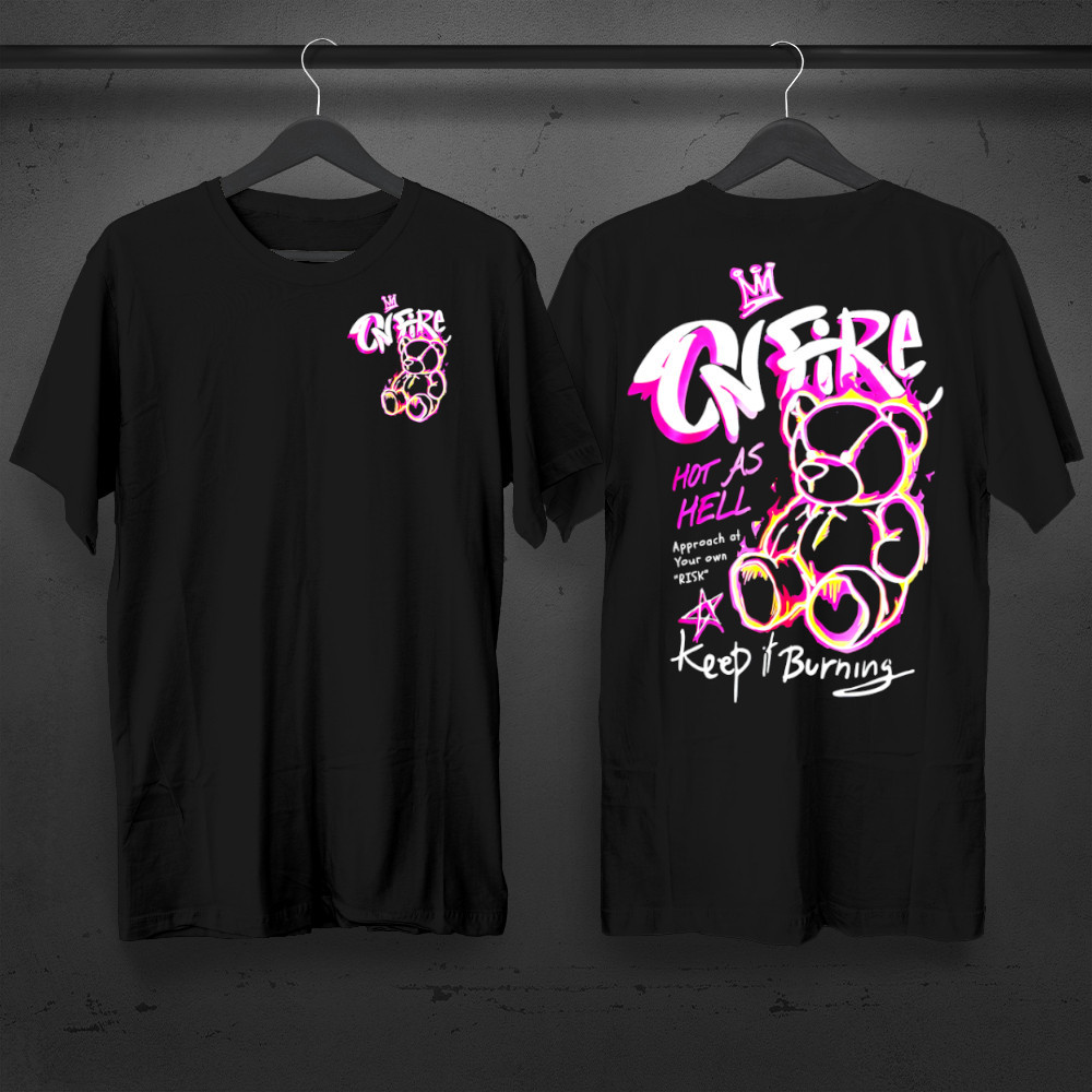 Camiseta Casual Streetwear Bear On Fire Camisa com Estilo Oversized Qualidade Algodão Unissex