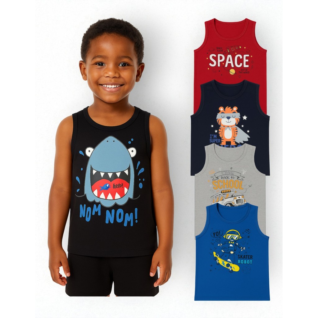 Kit 4 Regata Infantil Menino 100 Algodao Sem Manga Leve Fresquinha Estampas Sortidas Verão 2 Ao 8