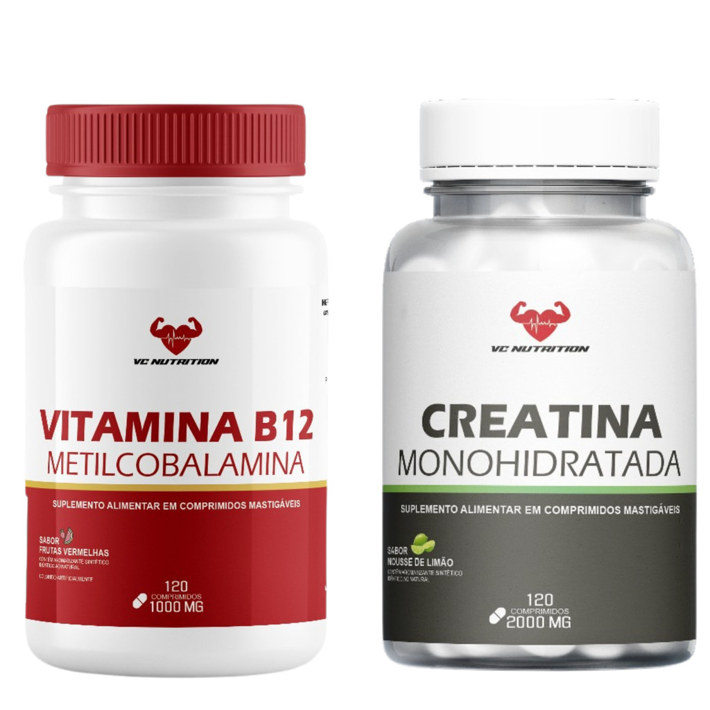 B12 Metilcobalamina 120 comprimidos sabor frutas vermelhas + Creatina Monohidratada 120 comprimidos sabor mouse de limão