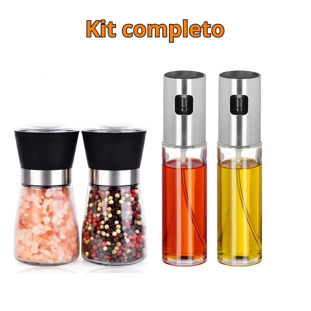 2 Moedores Vidro Sal e Pimenta + 2 Galheteiros Spray Dosador de Óleo e Azeite em Oferta na Shopee