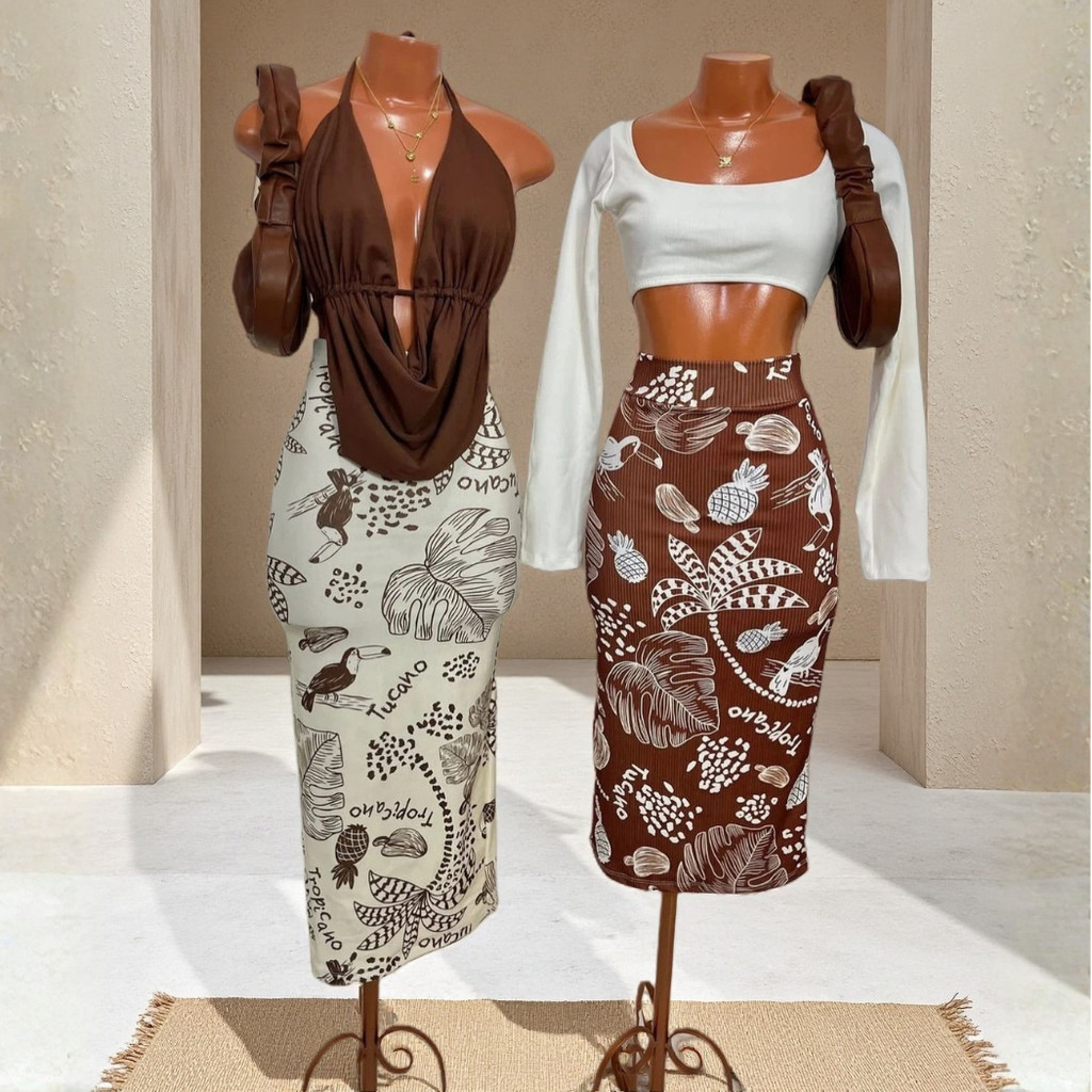 Saia Midi Feminina Estampa Tropical Tucano Coqueiro em Oferta na Shopee
