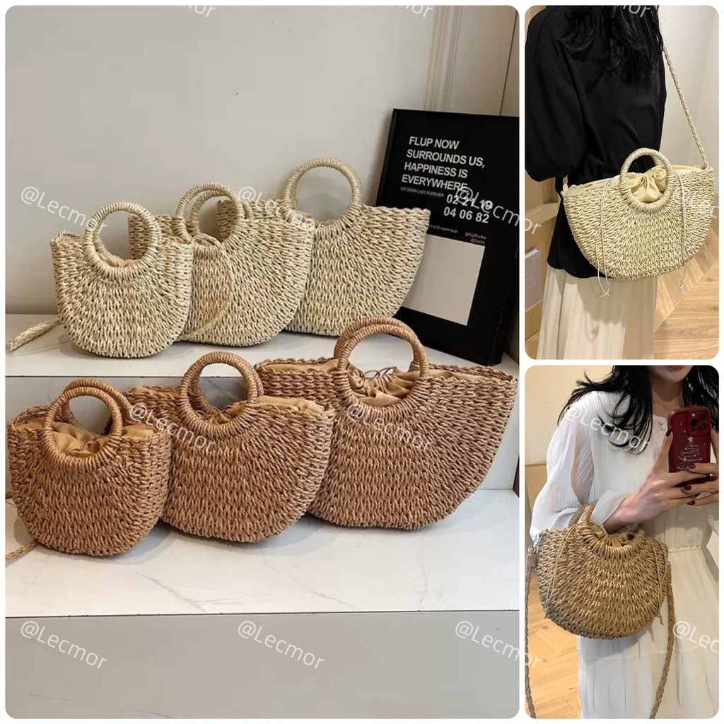 Bolsa de Palha com Alça de Mão e Transversal Artesanal Boho Chic para Verão Praia Casual em Oferta na Shopee