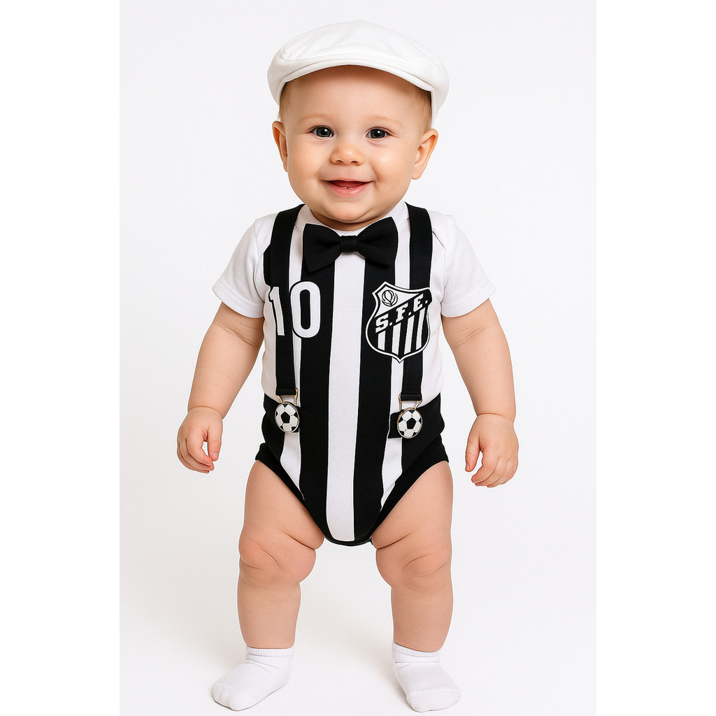 Body Bebê Santos + Suspensório Branco Preto Torcedor C/ Suspensório P Ao G