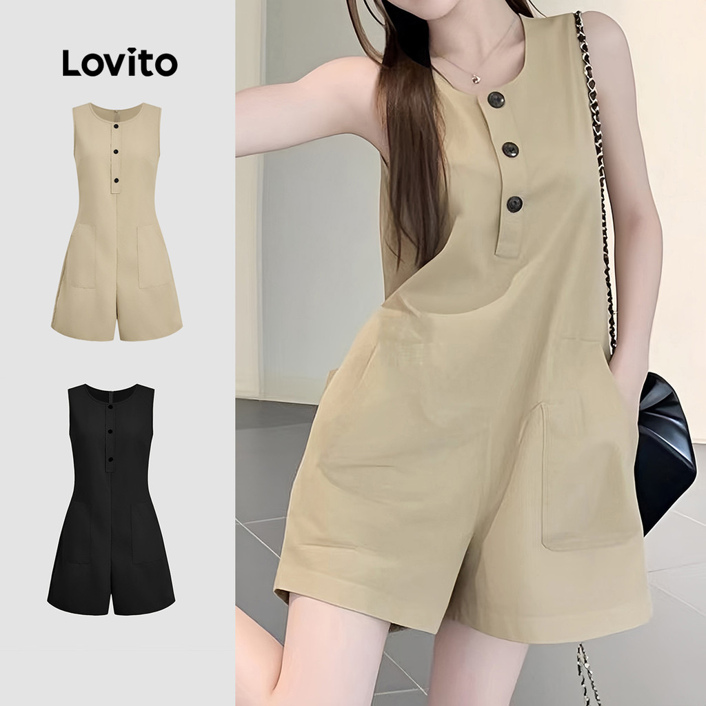 Lovito Macacão Casual com Botões e Bolsos Primavera/verão Caqui para Mulheres L137ED067 em Oferta na Shopee