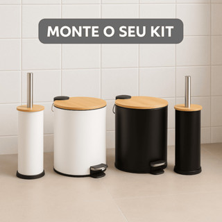 Kit Lixeira Pedal e Escova Sanitária C/ Tampa Bambu Cesto de Lixo Banheiro em Oferta na Shopee