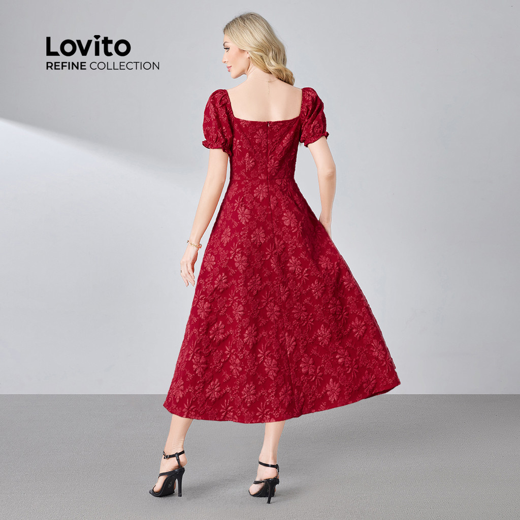 Detalhes do Lovito Refine Vestido Longo Luxo Elegante Primavera Verão Vermelho Com Zíper Para Mulheres LR23L063