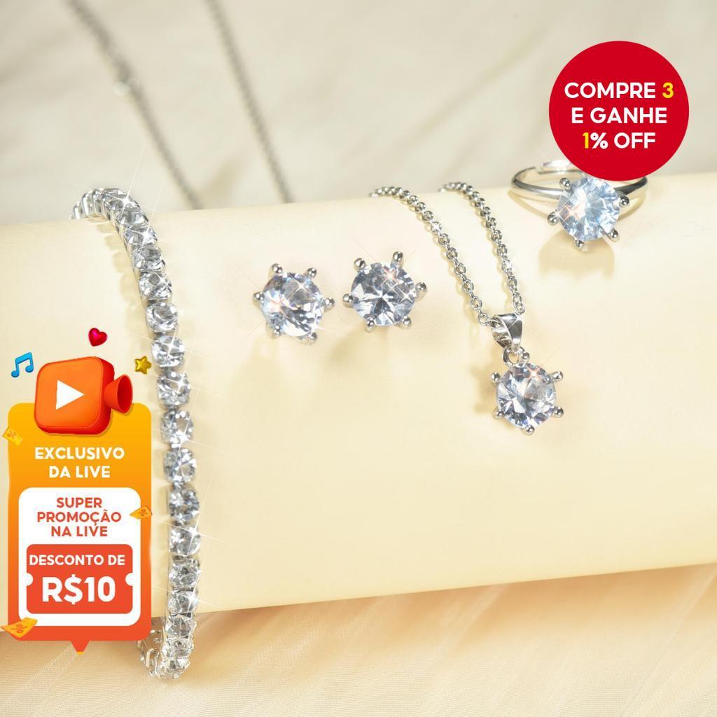 Conjunto De Joias De Pérola Elegante Para Mulheres Colar Brincos Pulseira Anel 4 Peças (Apenas Prata)