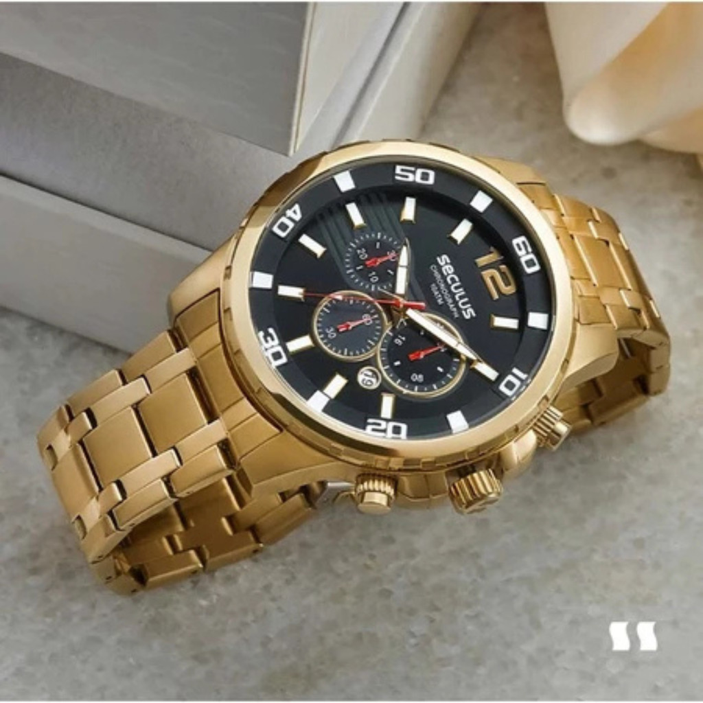Relógio Seculus Masculino Cronógrafo 3D Aço Dourado