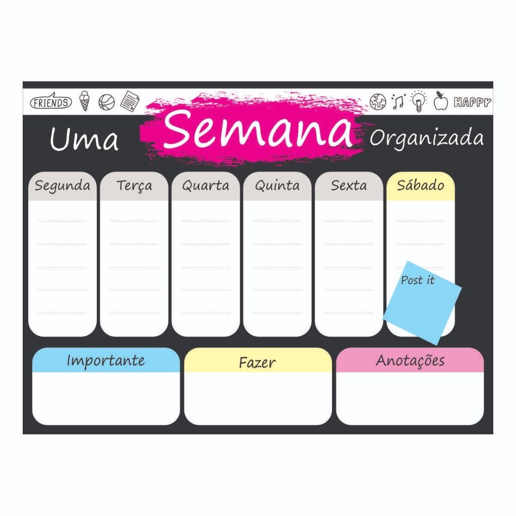 Quadro Planner Lousa de Anotações 30x40cm Planejamento Semanal Colorido + 1 Canetas com Apagador
