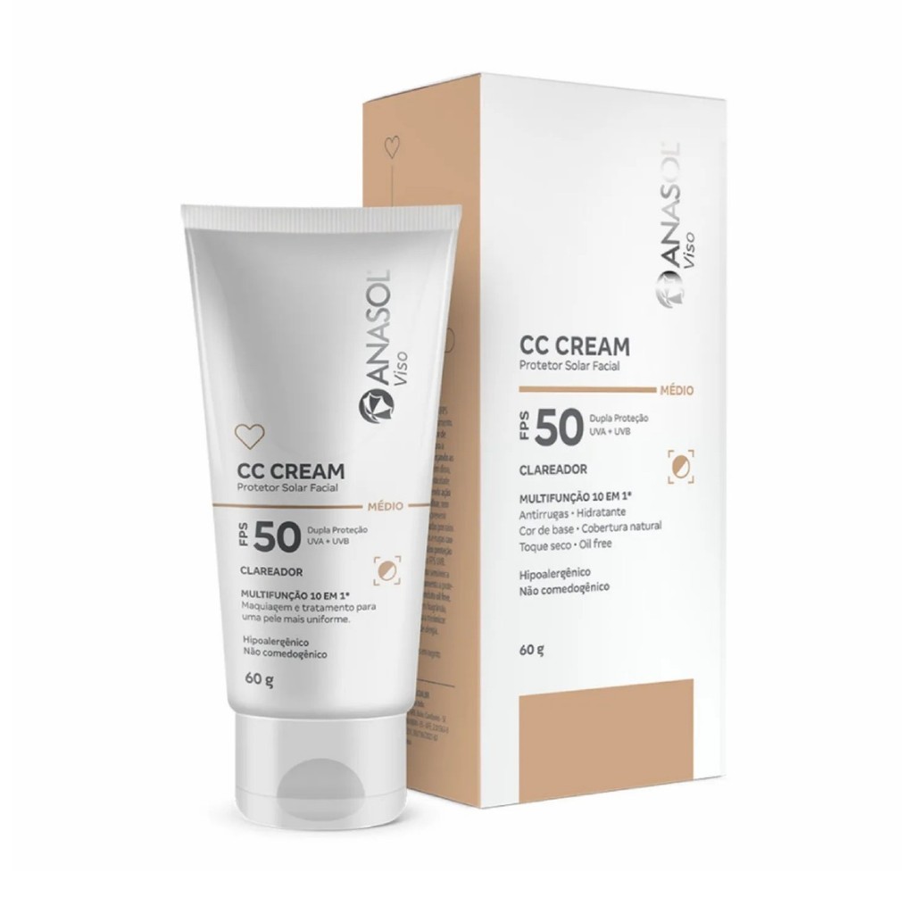 CC Cream Protetor Facial Clareador Cor Médio FPS 50 60g - Anasol