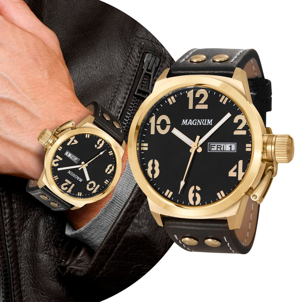 Relógio Masculino Preto e Dourado com Pulseira de Couro e Caixa de Aço Inoxidável à Prova D' Água Luxo Magnum Original