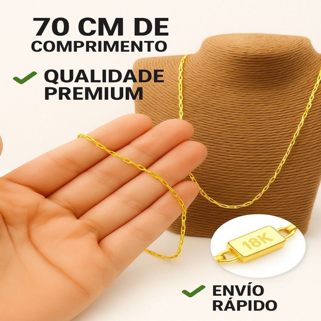 Corrente fina elo  Tijolinho Dourada 70cm joia  Aço Inox 316L banhada a ouro