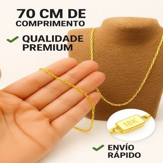 Corrente fina elo  Tijolinho Dourada 70cm joia  Aço Inox 316L banhada a ouro
