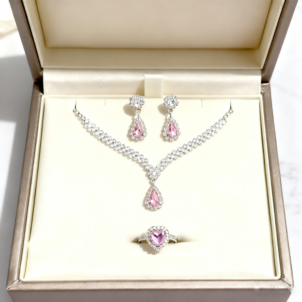 Conjunto de colar, anel e brincos de diamantes de luxo feminino, conjunto de joias finas, para casamentos e presentes em Oferta na Shopee