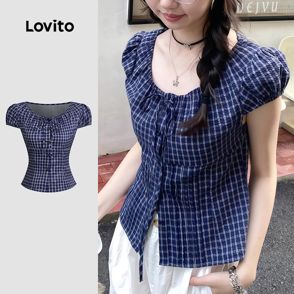 Lovito Blusa Casual com Laço Na Frente Primavera/verão Blusa Azul Marinho para Mulheres L159AD302 em Oferta na Shopee