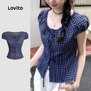 Lovito Blusa Casual com Laço Na Frente Primavera/verão Blusa Azul Marinho para Mulheres L159AD302 em Oferta na Shopee