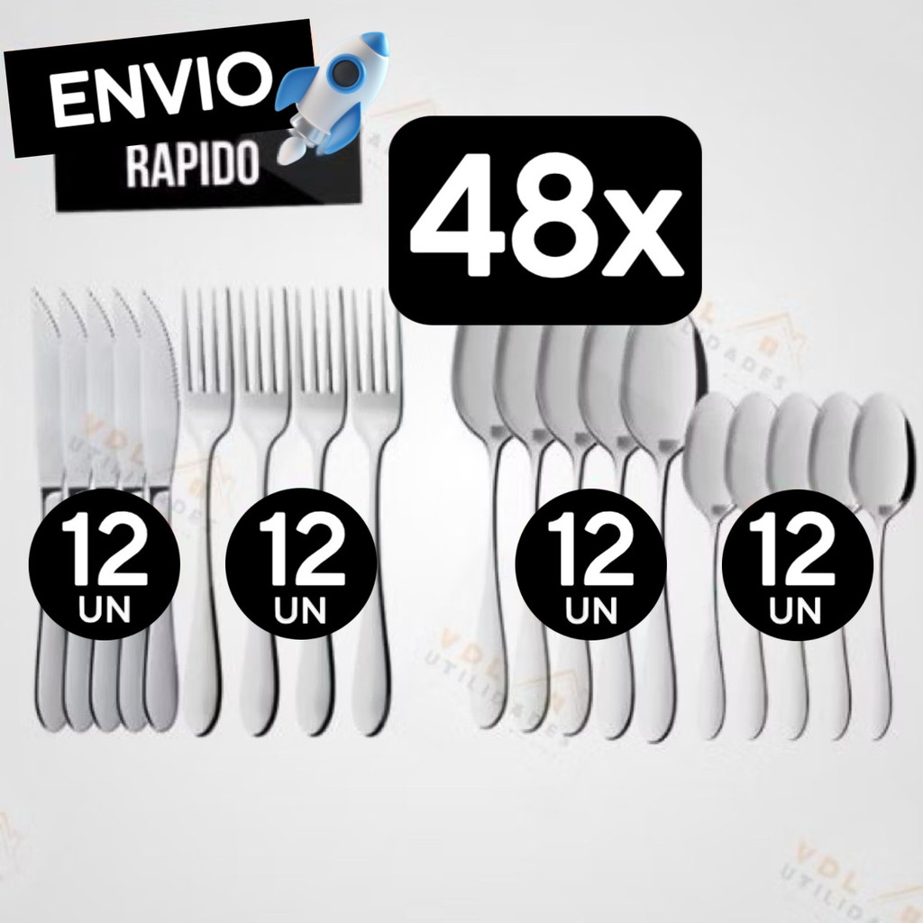 Conjunto Jogo de Talheres 48 peças Aço Inox Facas Garfos Colheres de Mesa e Colheres de Sobremesa Casa