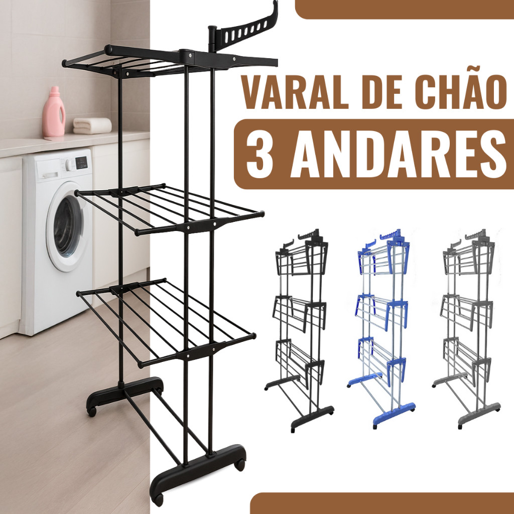 Varal De Chão De Roupas 3 Andares Dobrável Grande 4 Rodas