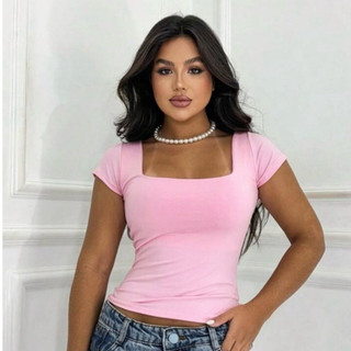 Blusinha Manga Curta Decote Quadrado Forro Duplo Candy Color Verão
