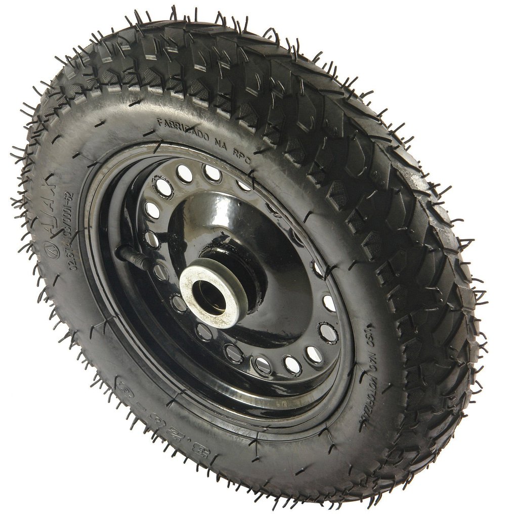 PNEU RODA COMPLETA C/ CAMARA AR PNEUMATICA 3.25 X 8 POL 2L C/ ARO FERRO EIXO 1 POL C/ ROLETE A04423 AJAX