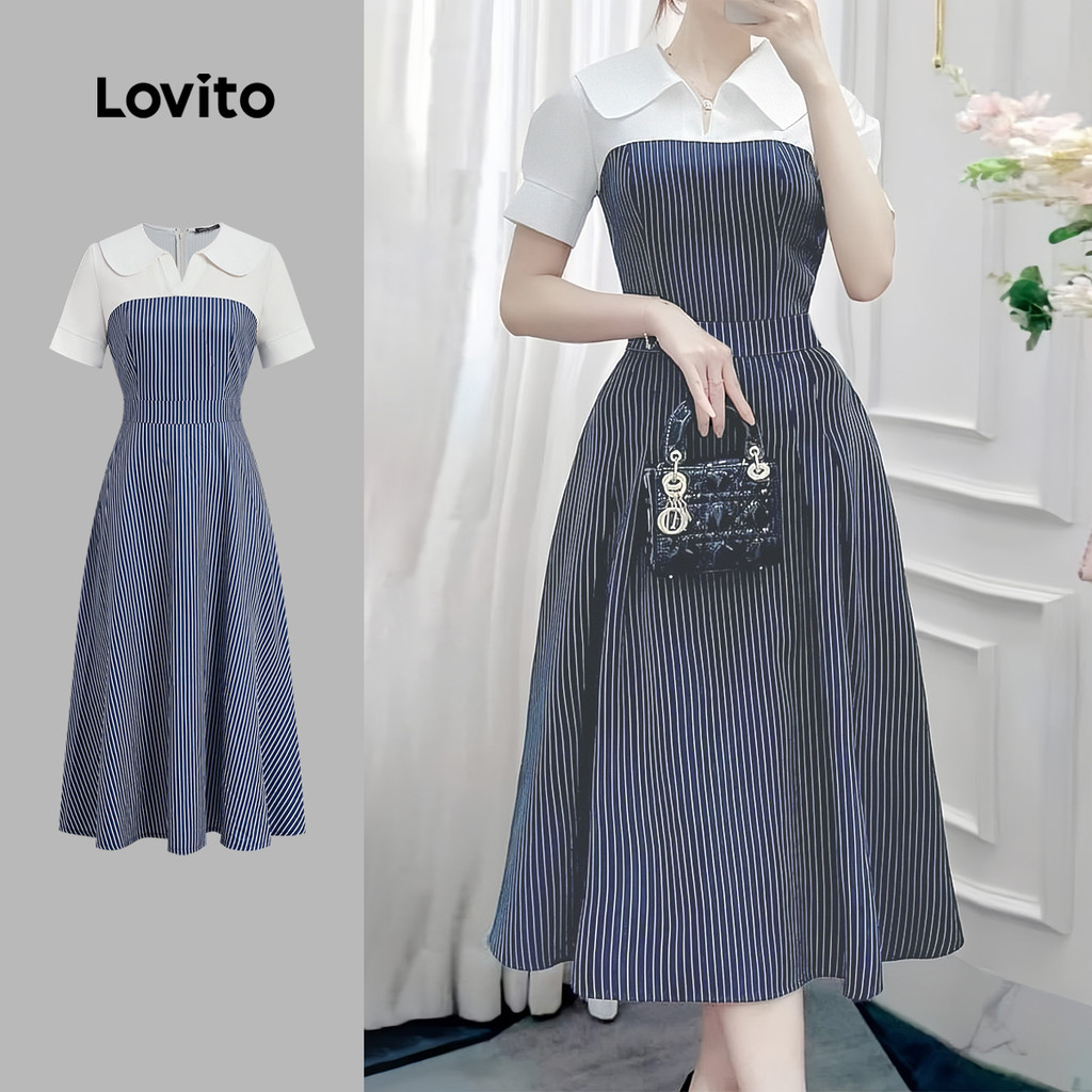 Lovito Vestido Elegante Geométrico Primavera/verão Vestido Azul Escuro para Mulheres L149ED146 em Oferta na Shopee