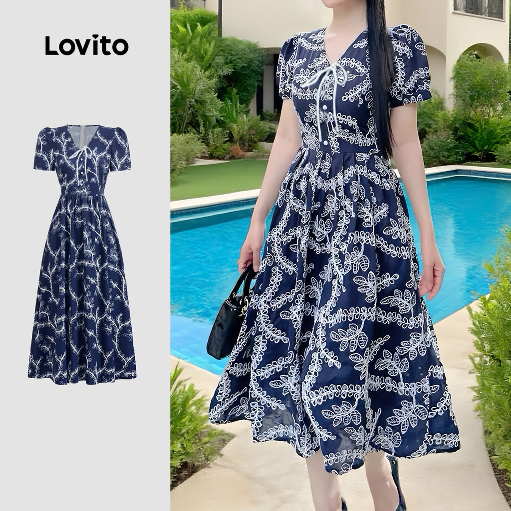 Lovito Vestido Boho com Pregas e Laço Na Frente Primavera/verão Vestido Azul Profundo para Mulheres L154ED181 em Oferta na Shopee