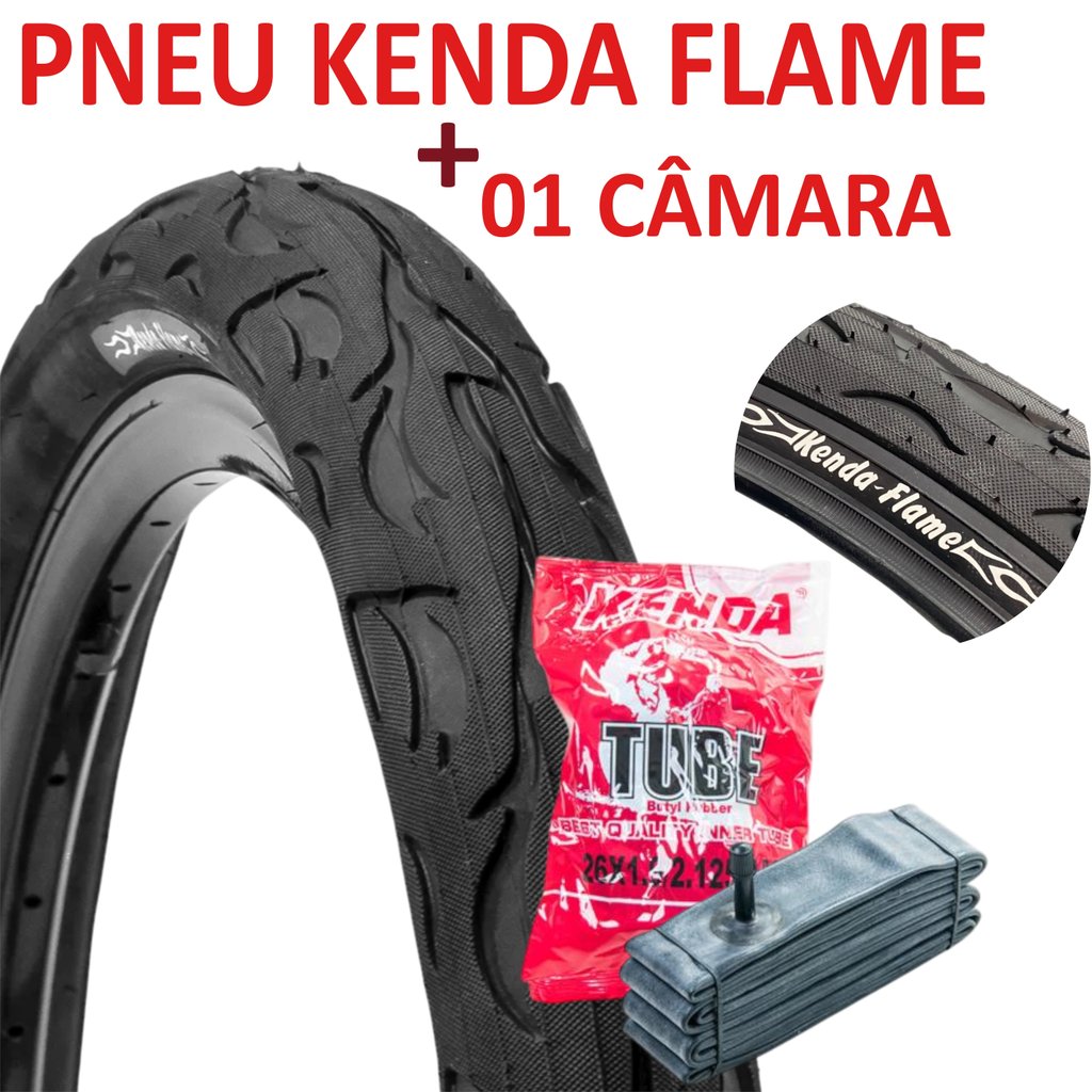 1 Pneu Kenda Flame 26x2.125 + Câmara Kenda Aro 26 Bico Grosso – perfeito para MTB. trilha ou uso urbano Grau DH