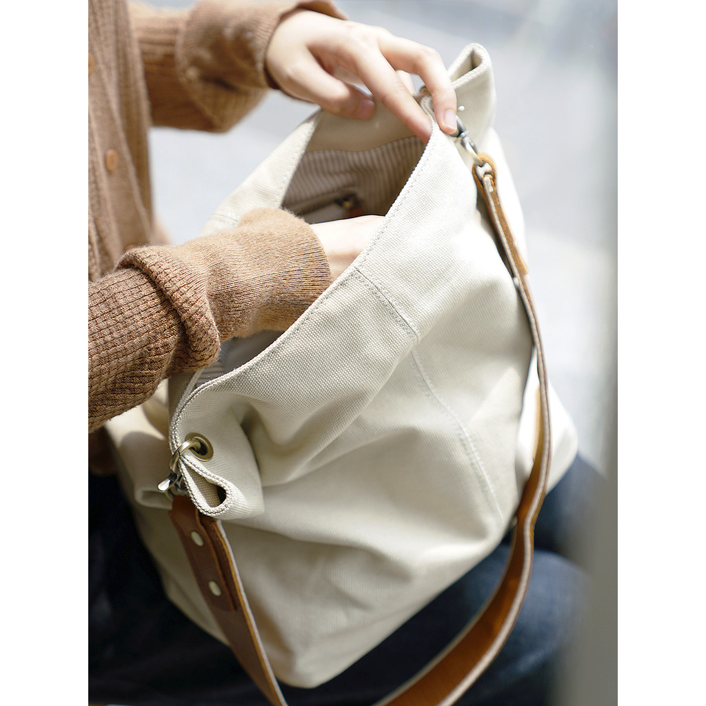 Sobag literário cinza claro grande capacidade de um ombro Retro bolsa de lona feminina versão coreana Harajuku estilo pr