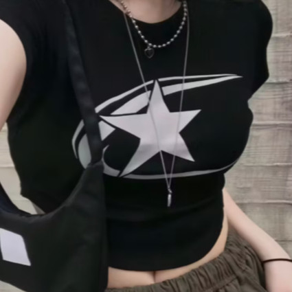 T-shirt Cropped Street Casual Feminino Star Urbano Y2k Vintage Algodão em Oferta na Shopee