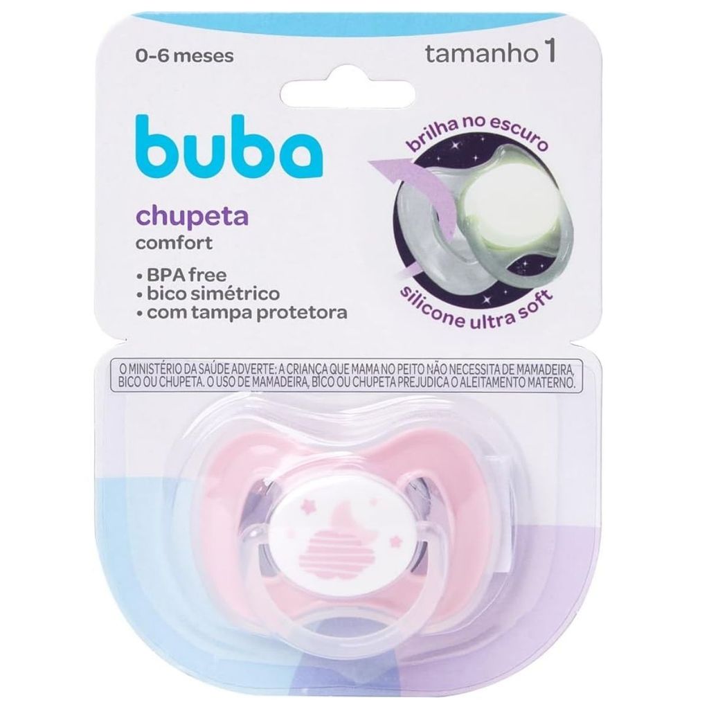 Chupeta Comfort Rosa Tam 1 Noturna Brilha 0-6 meses 21117 - Buba em Oferta na Shopee