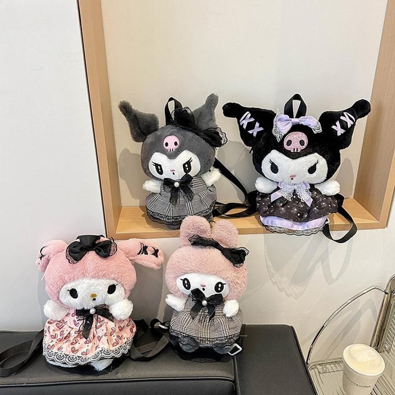 Sanrio Kuromi e My Melody Mochila de pelúcia Bolsa de ombro de grande capacidade Boneca Kawaii Presente de brinquedo inf