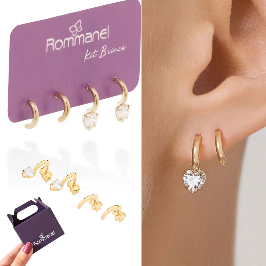 Kit de Brinco Rommanel Coleção Divina com meia argola lisa e meia argola com zircônia coração 527527 em Oferta na Shopee
