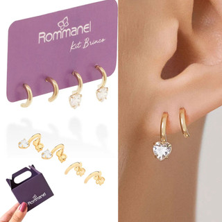 Kit de Brinco Rommanel Coleçao Divina com meia argola lisa e meia argola com zircônia coração 527527