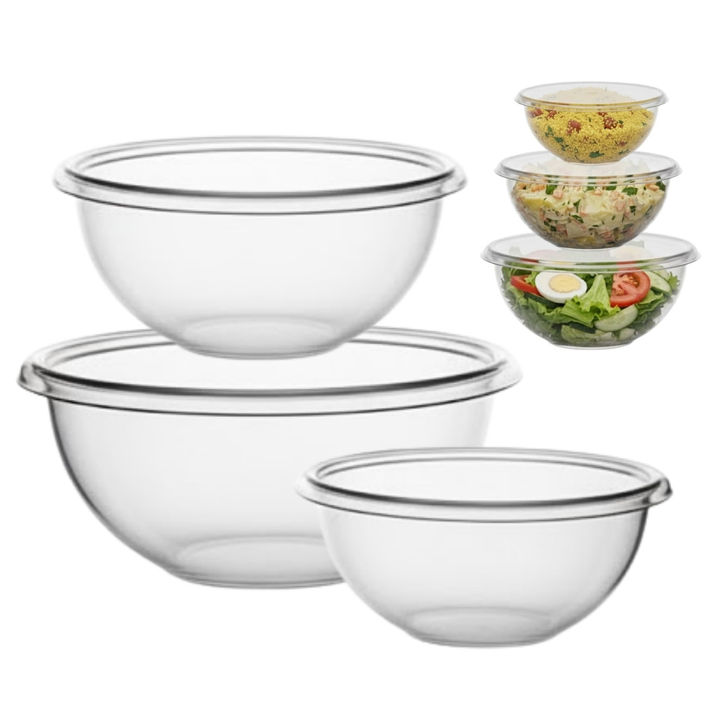 Jogo 3 Cumbucas Acrílico Transparente Multiuso Com Tampa Pote Vasilha Saladeira Sobremesa em Oferta na Shopee