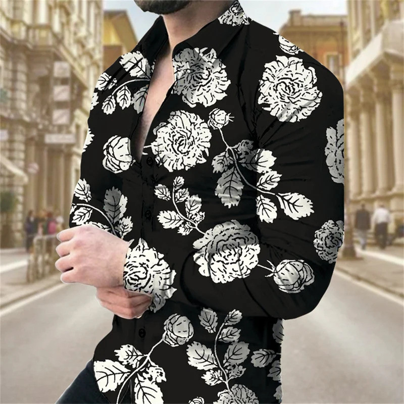 Moda 3d Floral Camisas Para Homens Impresso Lapela De Manga Comprida Legal Gráficos Rua Vintage Casual Magro Roupas Masc