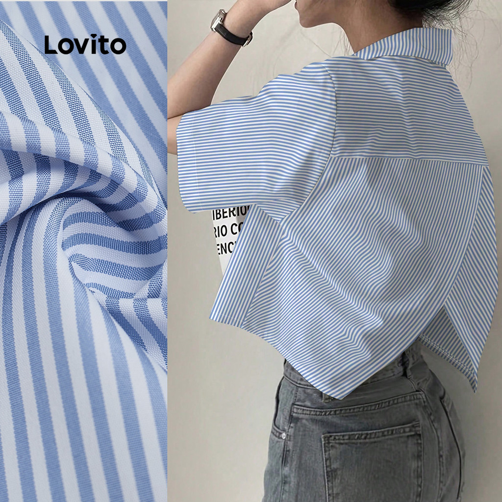 Lovito Blusa Casual de Botão Frontal para Primavera/verão Azul para mulheres L155ED023 em Oferta na Shopee