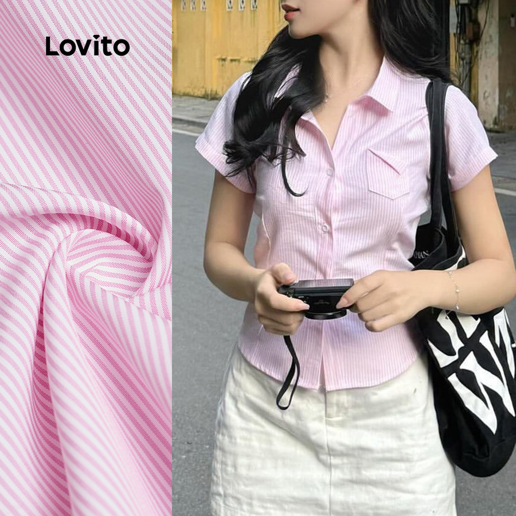 Lovito Blusa Elegante com Bolso Primavera/verão Blusa Rosa para Mulheres L157LD102