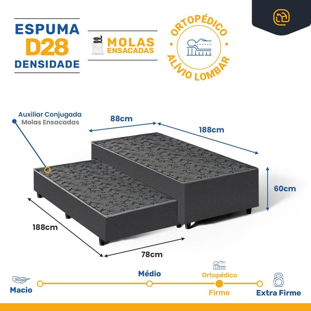 Cama Box com Colchão e Auxiliar de Molas Unique 3 em 1 Solteiro 88cm — imagem 2 de 2